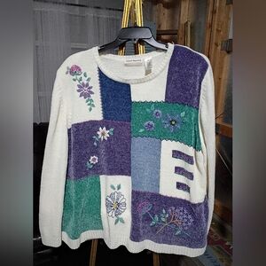 Women's Patchwork Sweater - Cream, Purple, Green